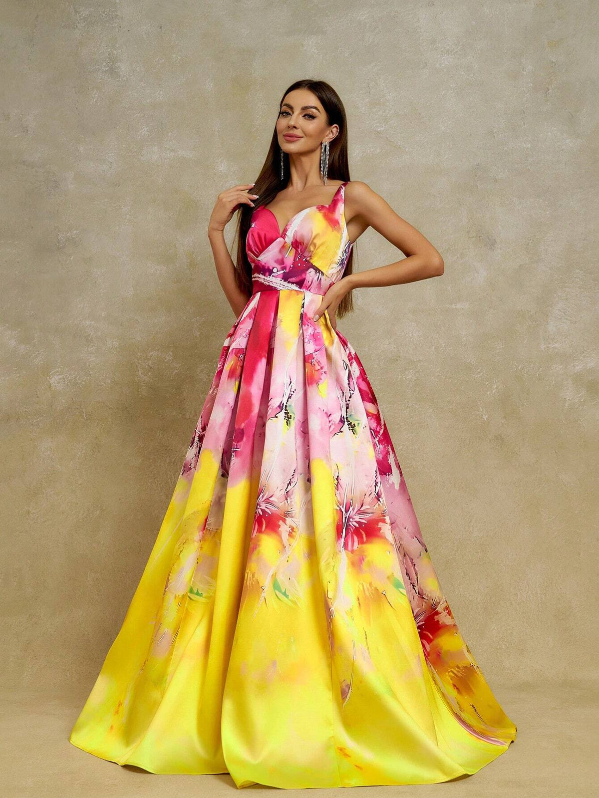 Anymoon Women's V-Neck Ombre Printed Maxi Evening Dress