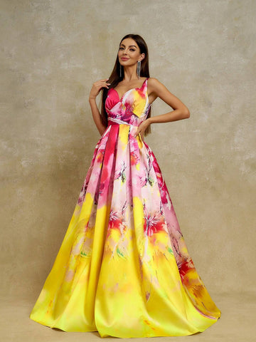 Anymoon Women's V-Neck Ombre Printed Maxi Evening Dress