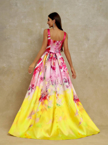 Anymoon Women's V-Neck Ombre Printed Maxi Evening Dress