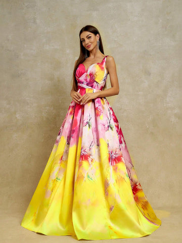 Anymoon Women's V-Neck Ombre Printed Maxi Evening Dress