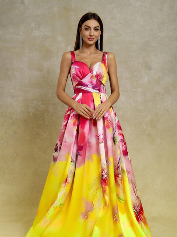 Anymoon Women's V-Neck Ombre Printed Maxi Evening Dress