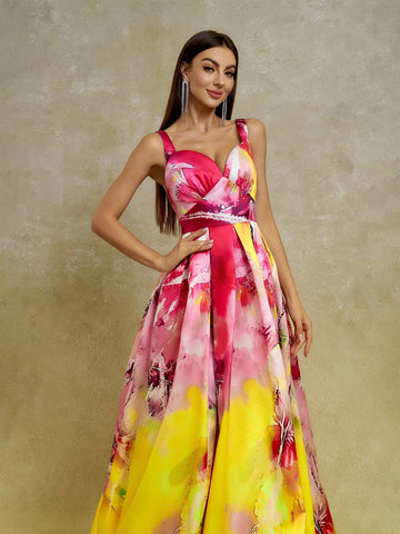 Anymoon Women's V-Neck Ombre Printed Maxi Evening Dress