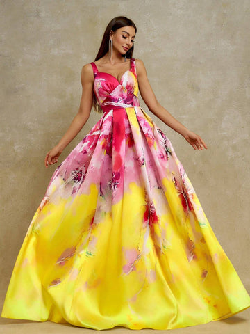 Anymoon Women's V-Neck Ombre Printed Maxi Evening Dress