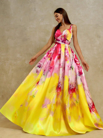 Anymoon Women's V-Neck Ombre Printed Maxi Evening Dress