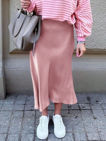 Apperloth A Elastic High Waist Satin Zipper Back Mermaid Hem Casual Comfort Skirt Silk Fabric With No Wrinkle
