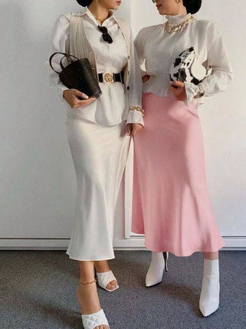 Apperloth A Elastic High Waist Satin Zipper Back Mermaid Hem Casual Comfort Skirt Silk Fabric With No Wrinkle