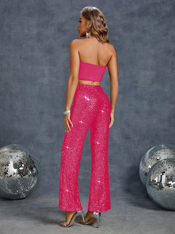 Apperloth A Elegant Solid 2Pcs Sparkling Sequin Outfit Fuzzy Trim Backless Crop Tube Top & High Waist Flared Leg Pants