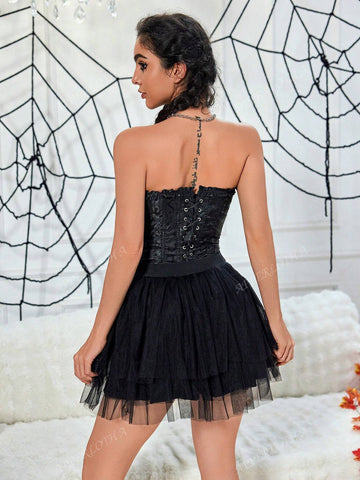 Apperloth A Punk 2Pcs Jacquard Print Frill Trim Grommet Eyelet Front Boned Overbust Shapewear Corset Tube Top & Mesh Hem Overlay Puff Skirt Halloween Outfits