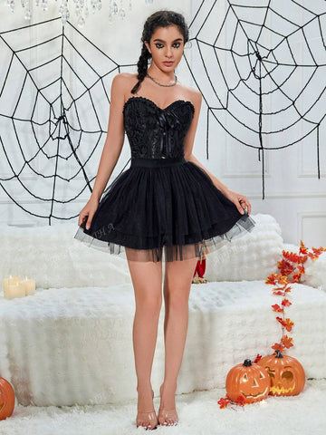 Apperloth A Punk 2Pcs Jacquard Print Frill Trim Grommet Eyelet Front Boned Overbust Shapewear Corset Tube Top & Mesh Hem Overlay Puff Skirt Halloween Outfits