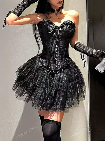 Apperloth A Punk 2Pcs Jacquard Print Frill Trim Grommet Eyelet Front Boned Overbust Shapewear Corset Tube Top & Mesh Hem Overlay Puff Skirt Halloween Outfits