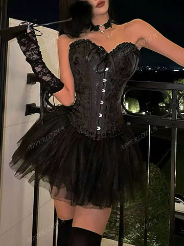 Apperloth A Punk 2Pcs Jacquard Print Frill Trim Grommet Eyelet Front Boned Overbust Shapewear Corset Tube Top & Mesh Hem Overlay Puff Skirt Halloween Outfits