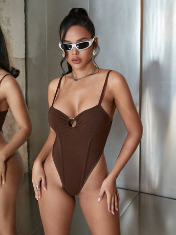 Apperloth A Vintage Maillard Circle Ring Linking Ruched Detail Backless Adjustable Spaghetti Strap Bodysuit Cami Playsuit
