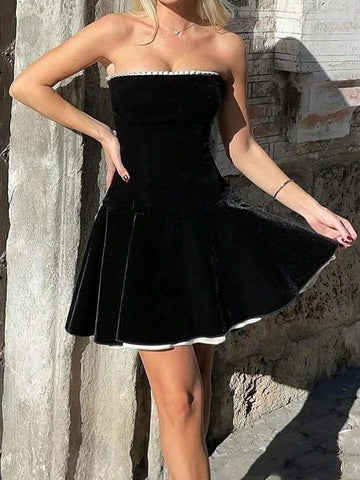 Apperloth A Vintage Velvet Strapless Boned Bandeau Back Flare Hem Swing Bodycon Mini Dress For Wedding Guest Dress