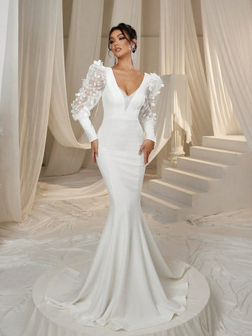 Applique Detail Lantern Sleeves Mermaid Hem Wedding Dress