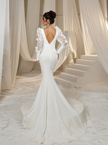 Applique Detail Lantern Sleeves Mermaid Hem Wedding Dress