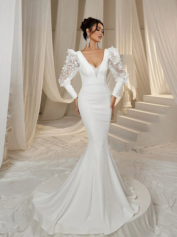 Applique Detail Lantern Sleeves Mermaid Hem Wedding Dress