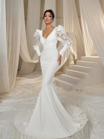 Applique Detail Lantern Sleeves Mermaid Hem Wedding Dress