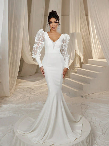 Applique Detail Lantern Sleeves Mermaid Hem Wedding Dress