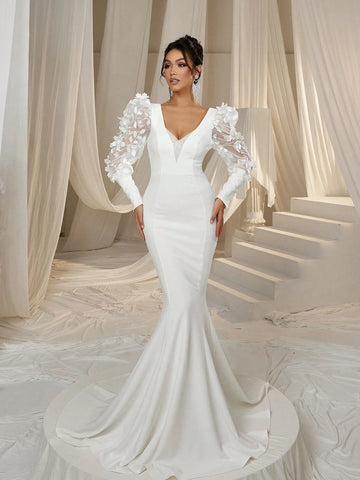 Applique Detail Lantern Sleeves Mermaid Hem Wedding Dress