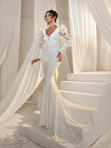 Applique Detail Lantern Sleeves Mermaid Hem Wedding Dress