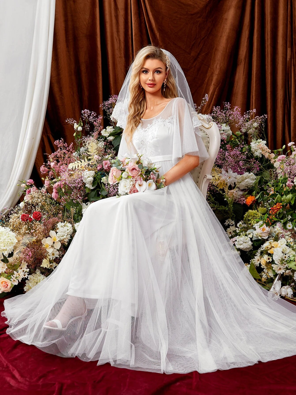 Appliques Butterfly Sleeve Mesh Wedding Dress Without Veil