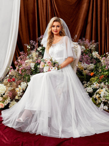 Appliques Butterfly Sleeve Mesh Wedding Dress Without Veil