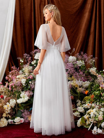 Appliques Butterfly Sleeve Mesh Wedding Dress Without Veil