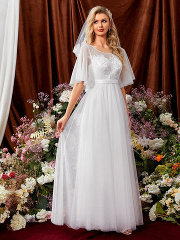 Appliques Butterfly Sleeve Mesh Wedding Dress Without Veil