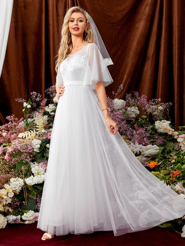Appliques Butterfly Sleeve Mesh Wedding Dress Without Veil