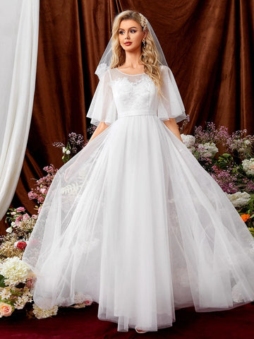 Appliques Butterfly Sleeve Mesh Wedding Dress Without Veil