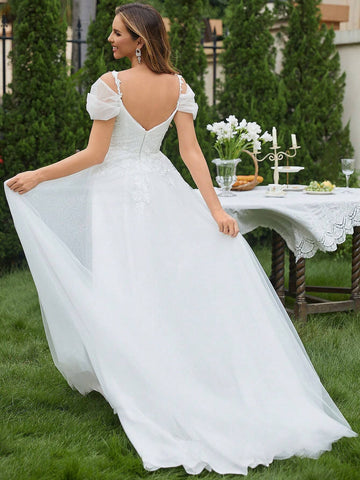 Appliques Cold Shoulder Mesh Wedding Dress