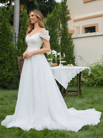 Appliques Cold Shoulder Mesh Wedding Dress