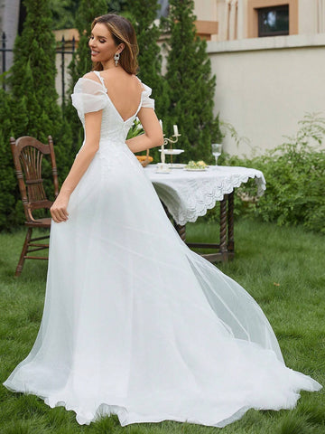 Appliques Cold Shoulder Mesh Wedding Dress