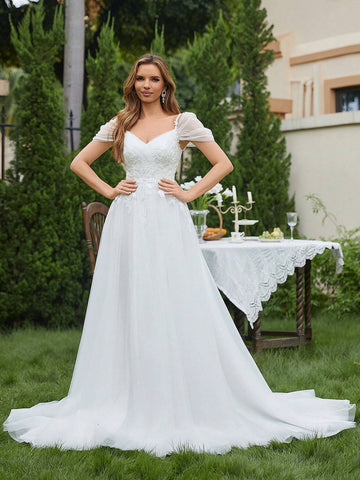 Appliques Cold Shoulder Mesh Wedding Dress