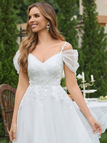 Appliques Cold Shoulder Mesh Wedding Dress