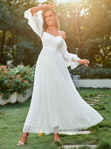 Appliques Contrast Sequin Cold Shoulder Flounce Sleeve Wedding Dress