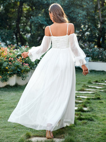 Appliques Contrast Sequin Cold Shoulder Flounce Sleeve Wedding Dress