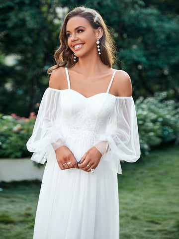 Appliques Contrast Sequin Cold Shoulder Flounce Sleeve Wedding Dress