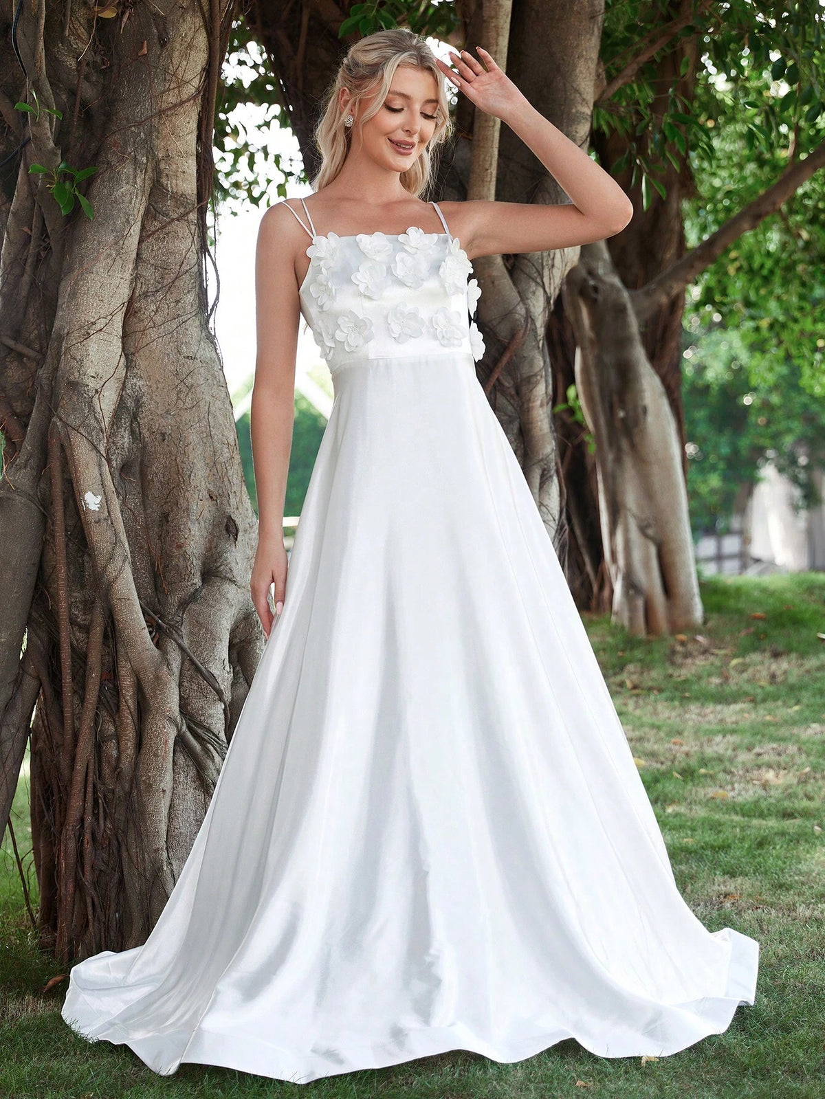 Appliques Crisscross Back Satin Cami Wedding Dress