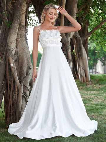 Appliques Crisscross Back Satin Cami Wedding Dress
