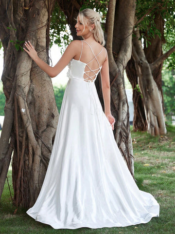 Appliques Crisscross Back Satin Cami Wedding Dress