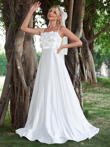 Appliques Crisscross Back Satin Cami Wedding Dress