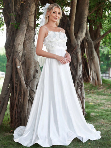 Appliques Crisscross Back Satin Cami Wedding Dress