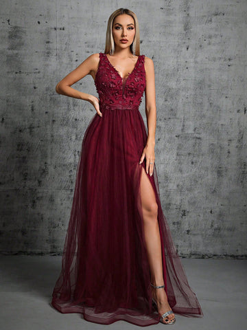 Appliques Detail Split Thigh Mesh Bridesmaid Dress
