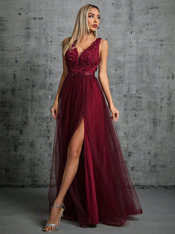 Appliques Detail Split Thigh Mesh Bridesmaid Dress