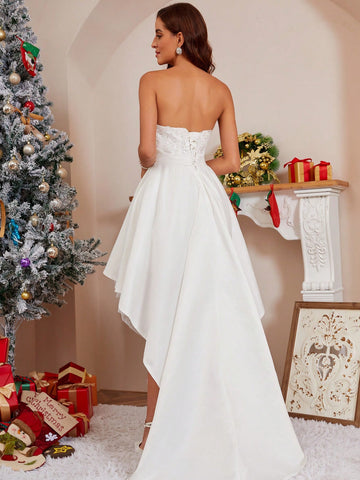 Appliques High Low Hem Tube Wedding Dress