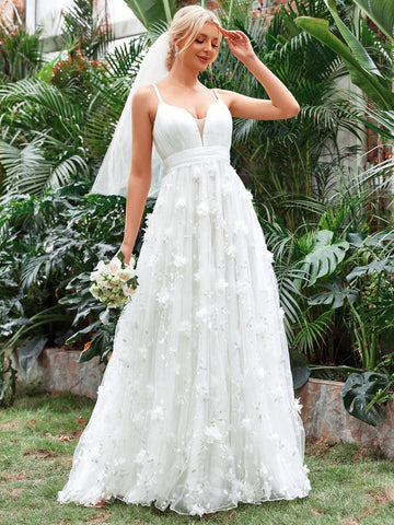 Appliques Mesh Overlay Cami Wedding Dress Without Veil