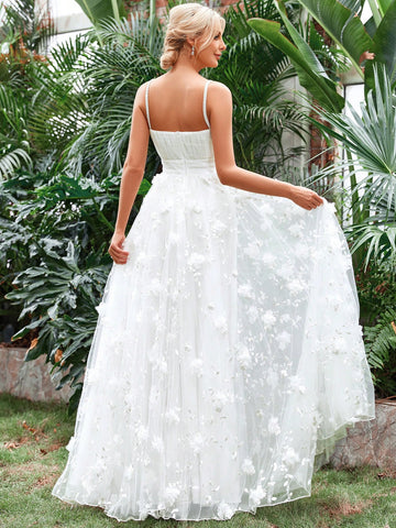 Appliques Mesh Overlay Cami Wedding Dress Without Veil