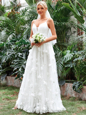 Appliques Mesh Overlay Cami Wedding Dress Without Veil