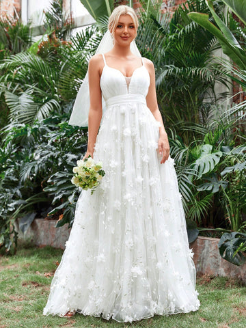 Appliques Mesh Overlay Cami Wedding Dress Without Veil